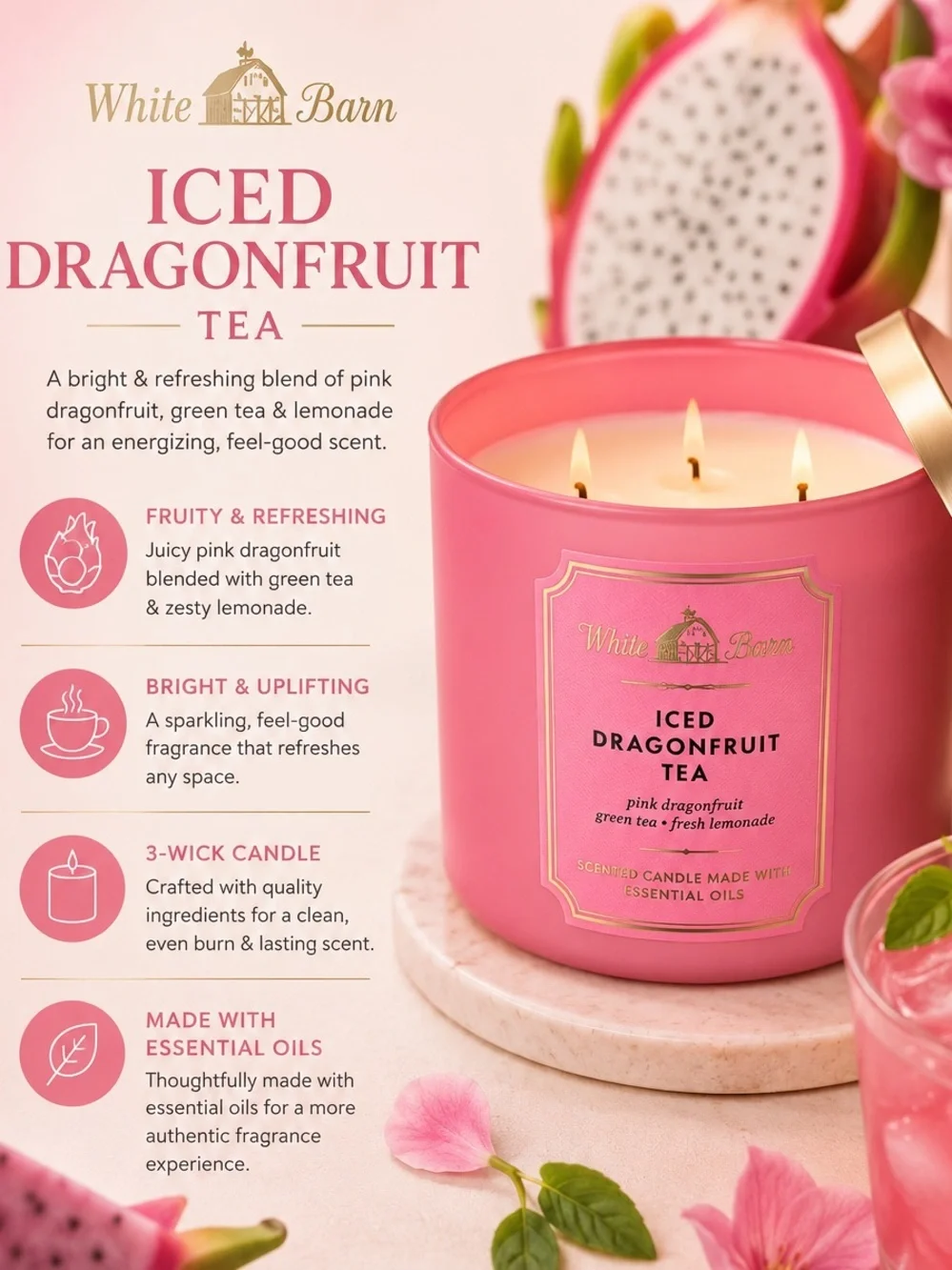 White Barn Iced Dragonfruit Tea 3-Wick Candle - Pink
